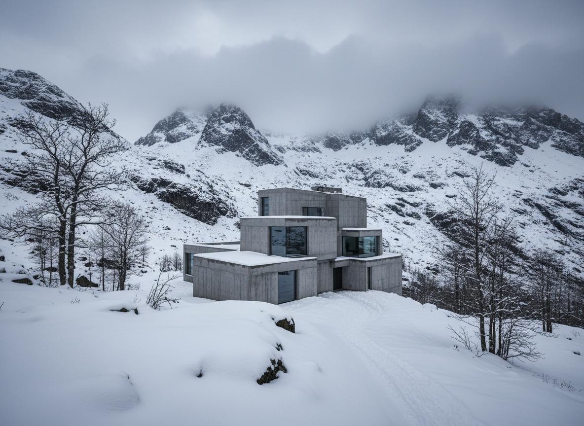Casa de concreto na neve
